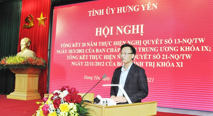 Ngày 25/12/2021, Ban Thường vụ Tỉnh ủy tổ chức hội nghị tổng kết 20 năm thực hiện Nghị quyết số 13-NQ/TW ngày 18/3/2002 của Ban Chấp hành Trung ương Đảng khóa IX; tổng kết thực hiện Nghị quyết số 21-N